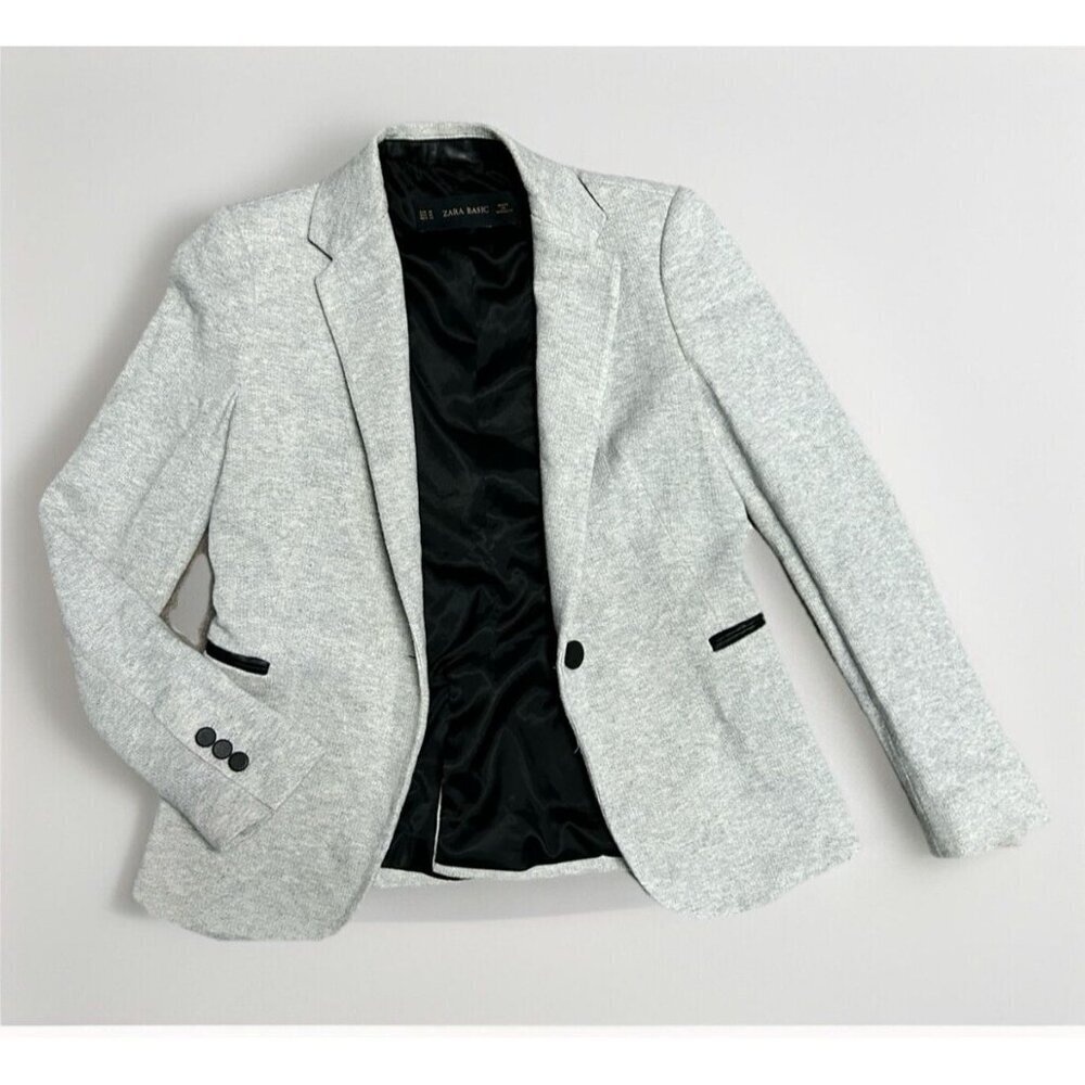 Zara Basic sz M gray blazer w/faux black leather trim classy stylish clean lines - Picture 2 of 9